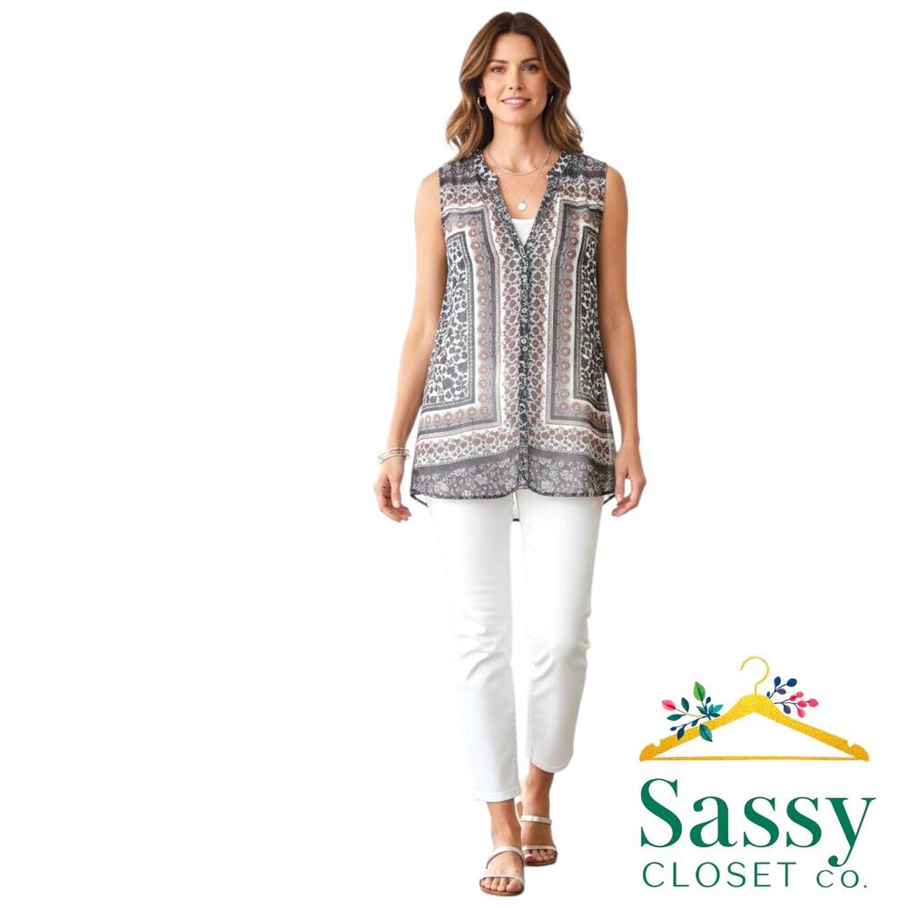 SUSAN GRAVER Floral Tunic Top S EUC Gray Sheer Button Front Sleeveless